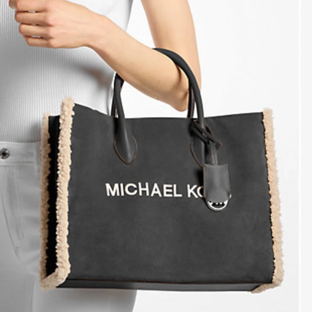 MICHAEL KORS Mirella Medium Suede and Faux Shearling Tote Bag Black  NWT